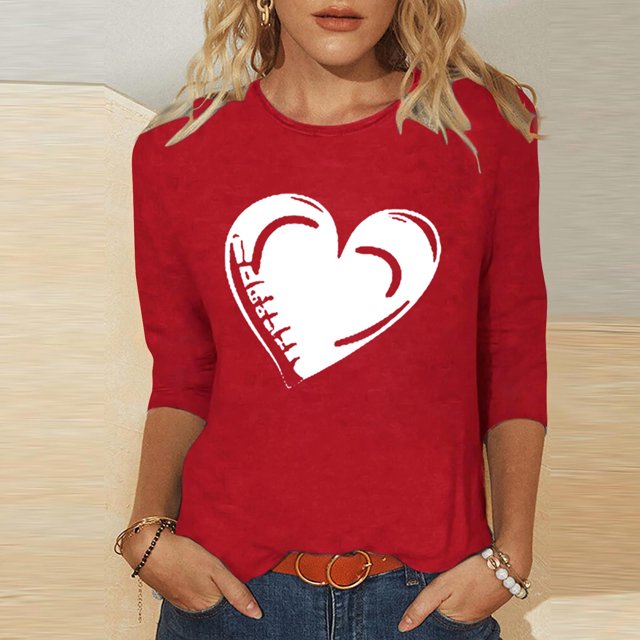 Ailaofu T-Shirts de la Saint-Valentin à Manches 3/4 Col Rond pour Femmes avec Imprimé Cœur Graphique