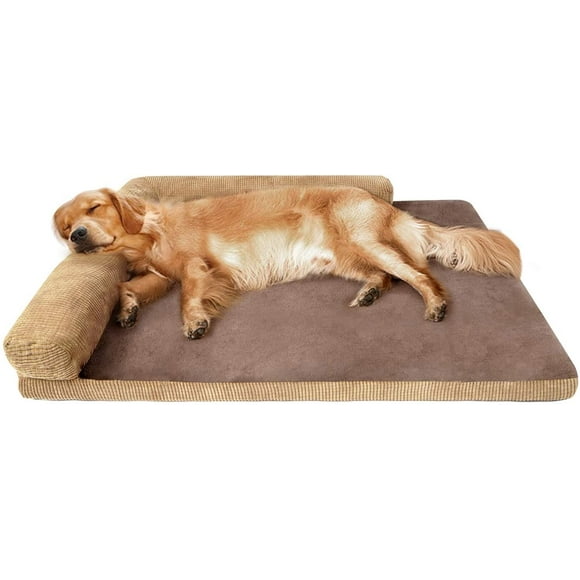 IGUOHAO Large Dog Bed, 39" Orthopedic Foam Pet Sofa Mat for Correct Sleep, Removable Corduroys+Coral Velvet Cover with Water-Resistant Liner & PP Cotton Filled Pillow(Large, Brown)