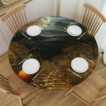 

Sheronv Pumpkins Full Moon Round Table Cover Stain Resistant Washable Indoor Outdoor Kitchen Dining Wedding Parties 100% Polyester for Picnic Farmhouse Halloween Outdoor Fitted 38 -42