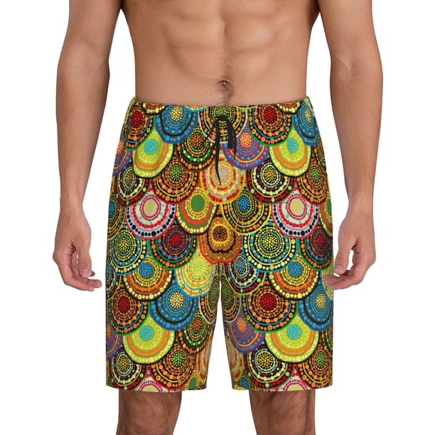 Balery Colorful Circle Pantalones cortos de pijama de punto de algodón para hombre con cinturilla y bolsillos-3X-Large