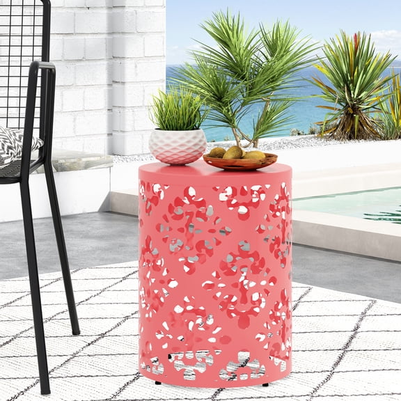 Outdoor Metal Accent Table With Iron Frame Coral And