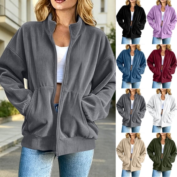 HAOTAGS Women’s Casual Corduroy Zip-Up Jacket Soft Loose-Fit Long Sleeve Outerwear with Front Pocket Gray Size M
