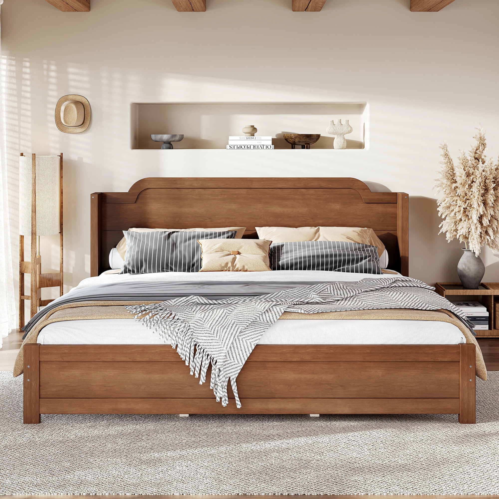 GARITIN King Solid Wood Platform Bed with Headboard, Brown Finish & Minimalist Design, Easy Assembly, No Box Spring Needed Traditional Wood Bed Frame, Brown