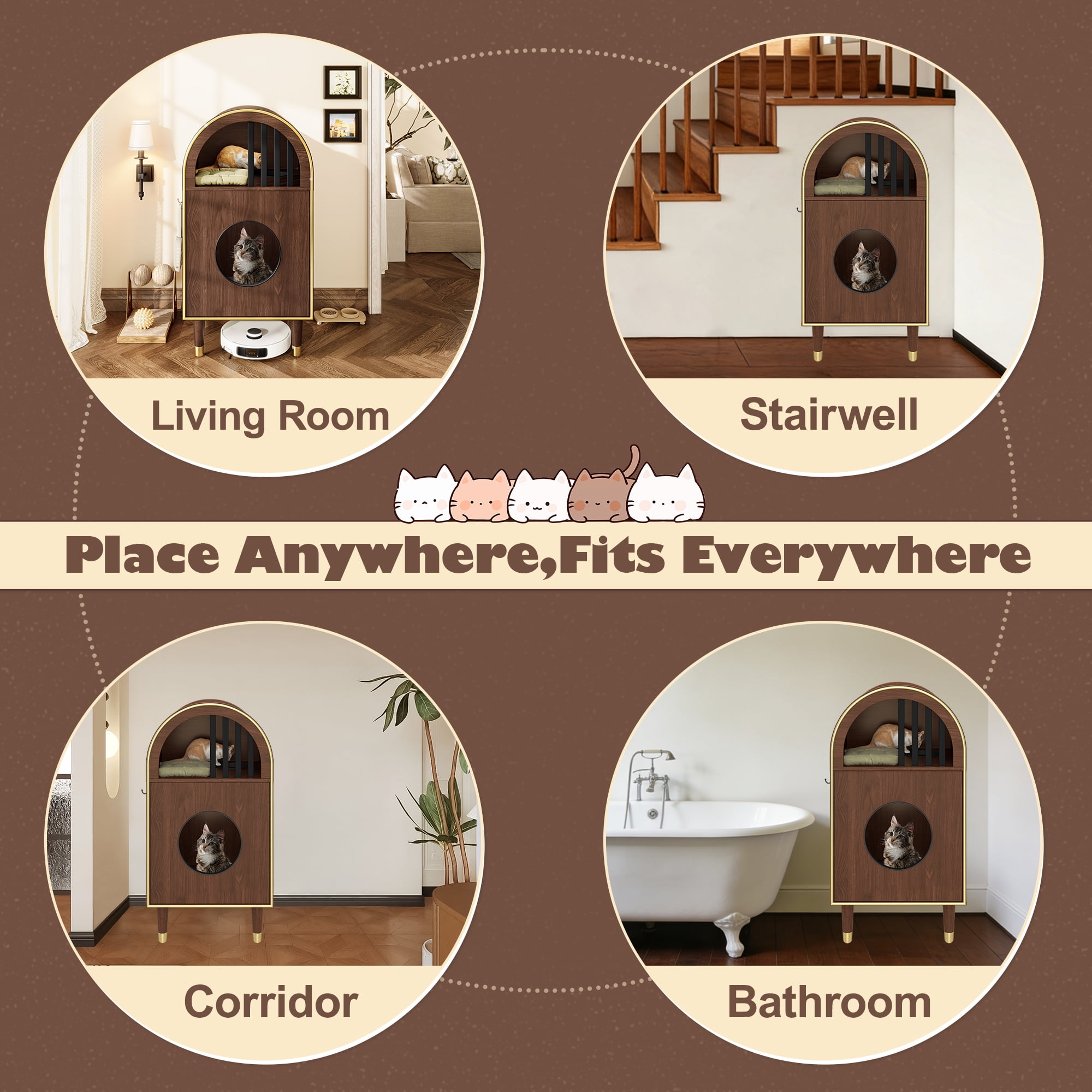 Cat Litter Box Enclosure 2-In-1 Condo Bed Two Level Haven 29.87LBS 44LBS Capacity Modern Arch Espresso Natural Wood Grain Dual Cat Shelter Furniture Side Hooks Plus Robot Vacuum Compatible For Home