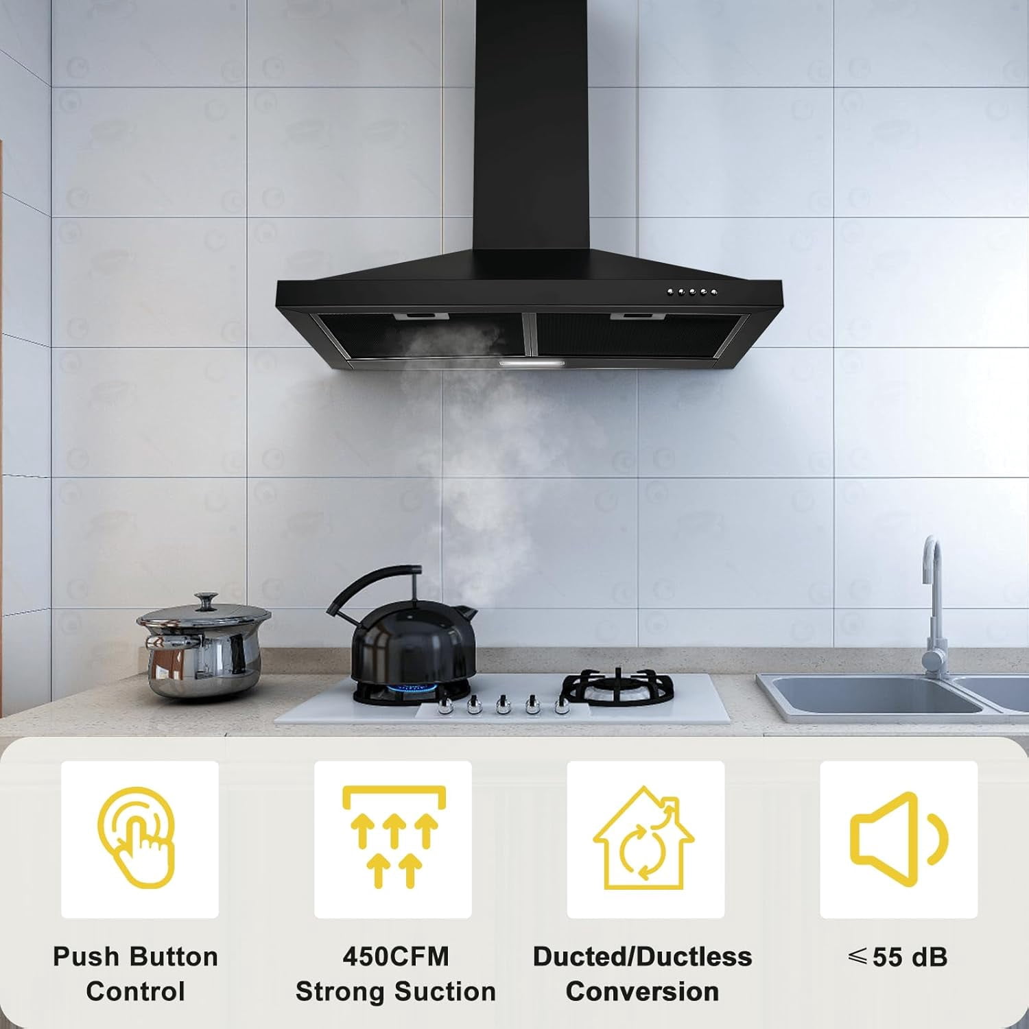 30 inch Wall Mount Range Hood 450 CFM with Ducted/Ductless Convertible Duct Stainless Steel Chimney-Style Over Stove Vent Hood with LED Light 3 Speed Exhaust Fan Black Hood Vents for Kitchen