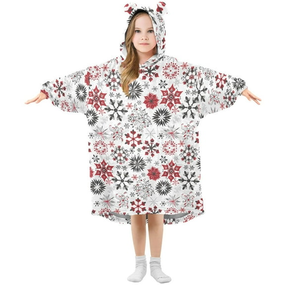 Wearable Blanket Hoodie for Kids Christmas Snowflakes Flannel Hooded Blanket with Pockets and Sleeves Suitable for Boys and Girls