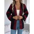 thumbnail image 6 of Women'S Autumn and Winter Contrast Striped Trumpet Sleeve Cardigan Sweater Mid-Length Coat Wine Red XL, 6 of 8