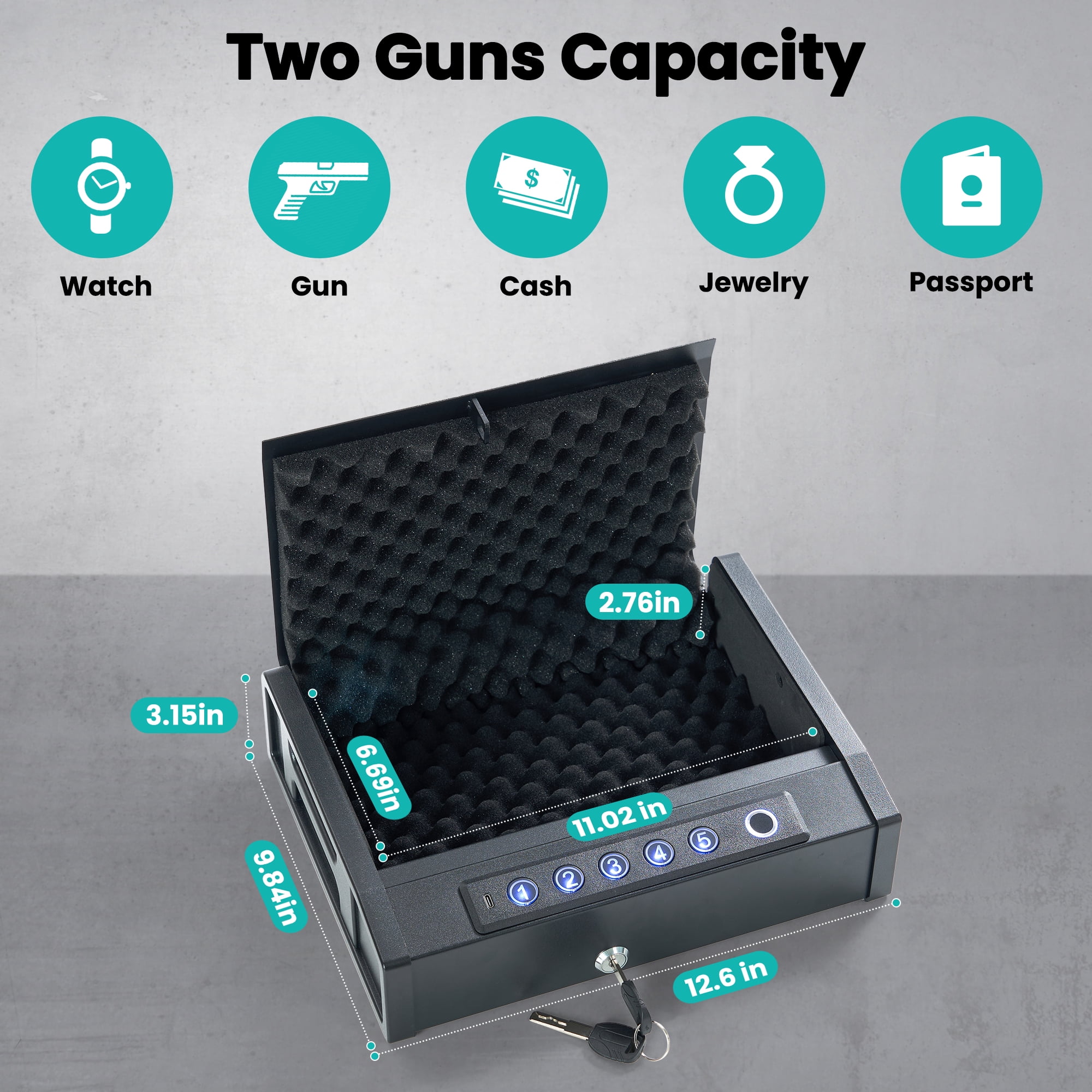 Naipo Portable Gun Safe for 2 Handgun with LED Display Pistols Safe 10 Fingerprint, 5 Password , 2 Keys Gun Safe with Biometric Home Office Handbag