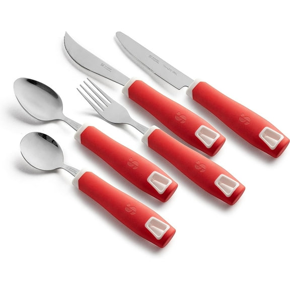 Special Supplies Adaptive Utensils 5-Piece Set Textured Stainless Steel Handles - Red
