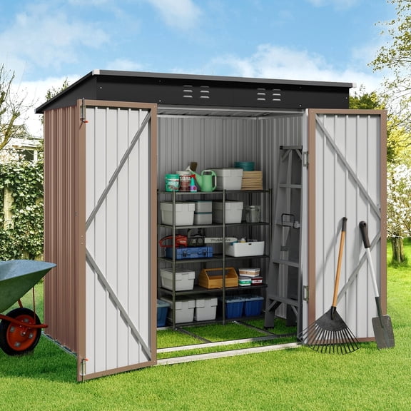 Gizoon 6' x 4' Outdoor Storage Metal Shed with Double Lockable Doors, Waterproof Garden Utility House, Brown