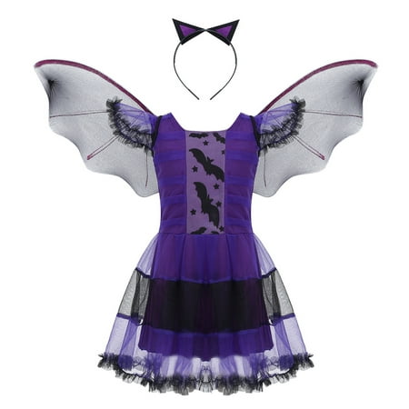 Toddler Bat Print Witch Halloween Costume with Headband  Wings for Little