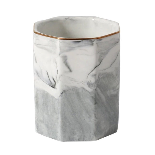 1Pc Marble Pattern Ceramic Storage Cup Nordic Style Pen Holder Cosmetic Brushes Storage Container (Grey with Gold Rim)