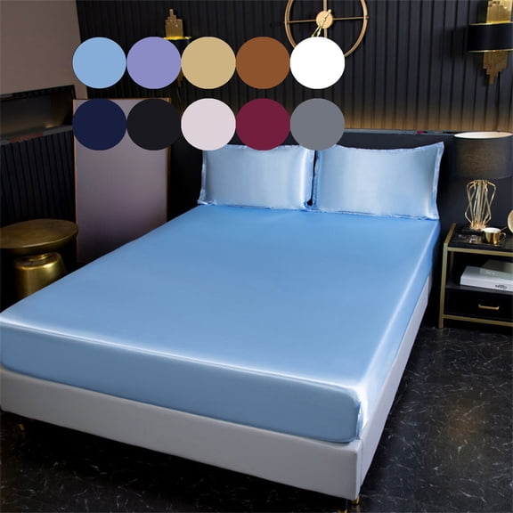 Beautynvta Queen Size Satin Sheets Set 3 Pieces, Wrinkle Free Satin Fitted Sheet with 2 Pillowcases for Hot Sleepers, Deep Pocket Bedding Set