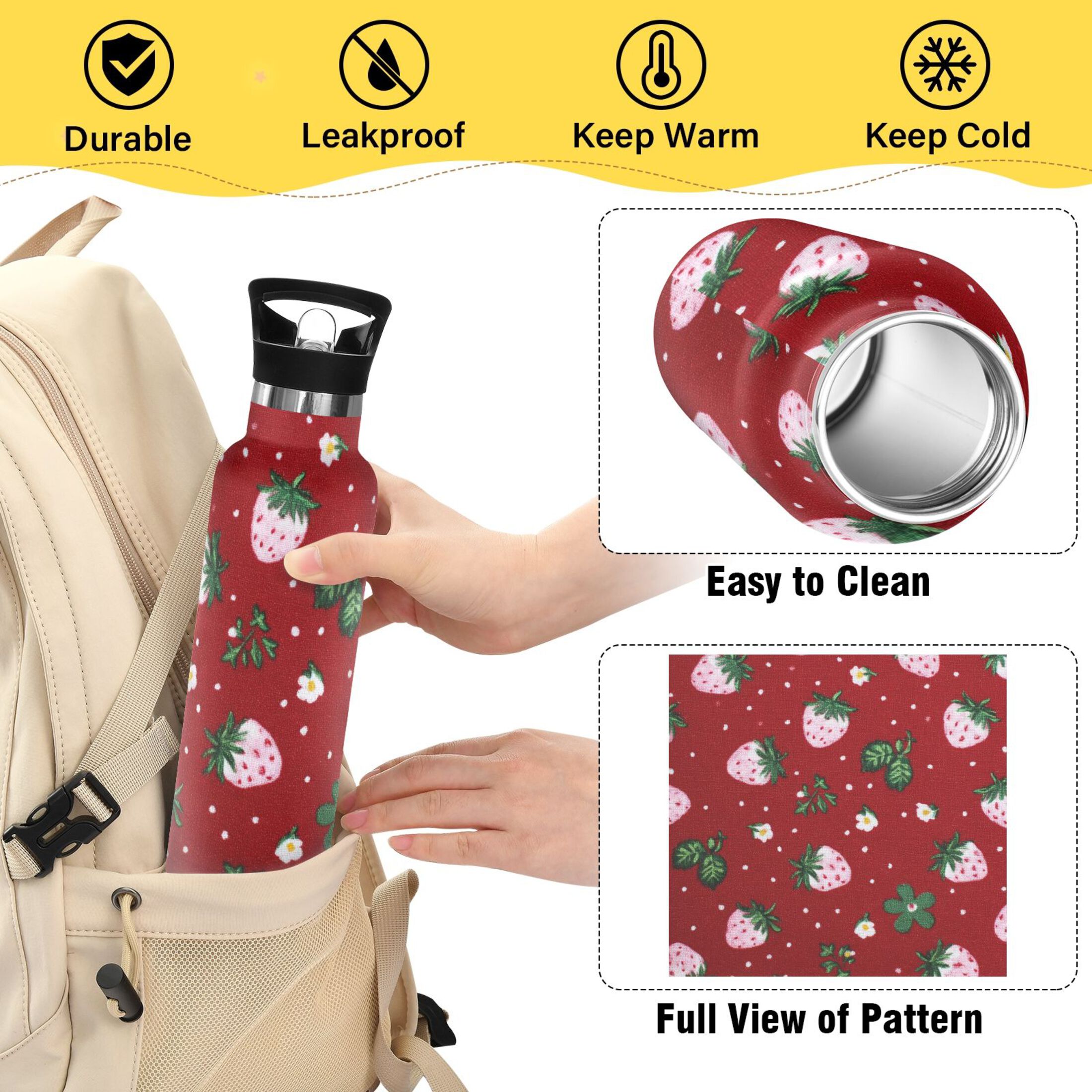 Kids Insulated Stainless Steel Sports Water Bottle 600ml (20oz) Cute Pink Strawberry Pattern