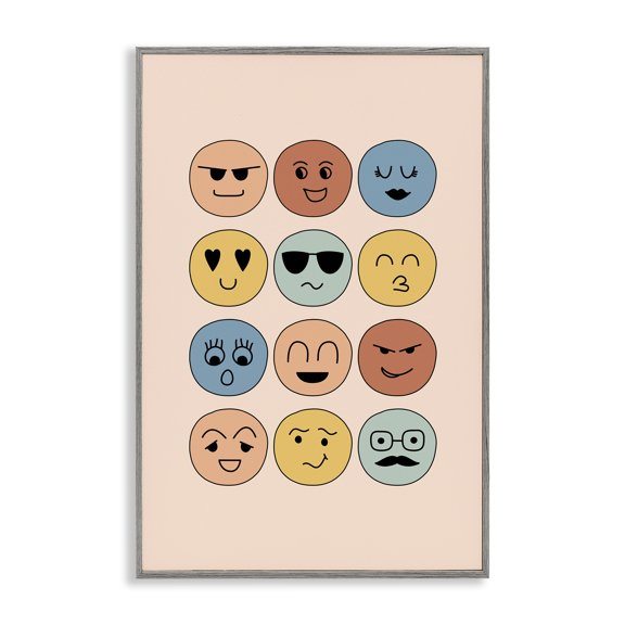Stupell Industries Various Expression Smileys Novelty Painting Gray Framed Art Print Wall Art, 16 x 24