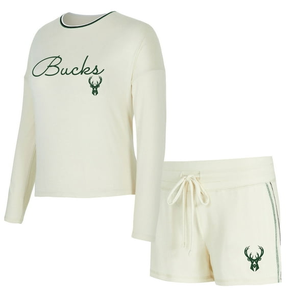 Women's Concepts Sport Cream Milwaukee Bucks Kaki Hacci Knit Long Sleeve Top & Shorts Set
