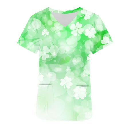

SOOMLON Women s Medical Scrub Top Holiday Tops Stretchy Printed V-Neck Short Sleeve Plus Size Tunic Tops Workwear T-Shirt St Patricks Day Clothing Short Sleeve V Neck Shirt With Pocket White S