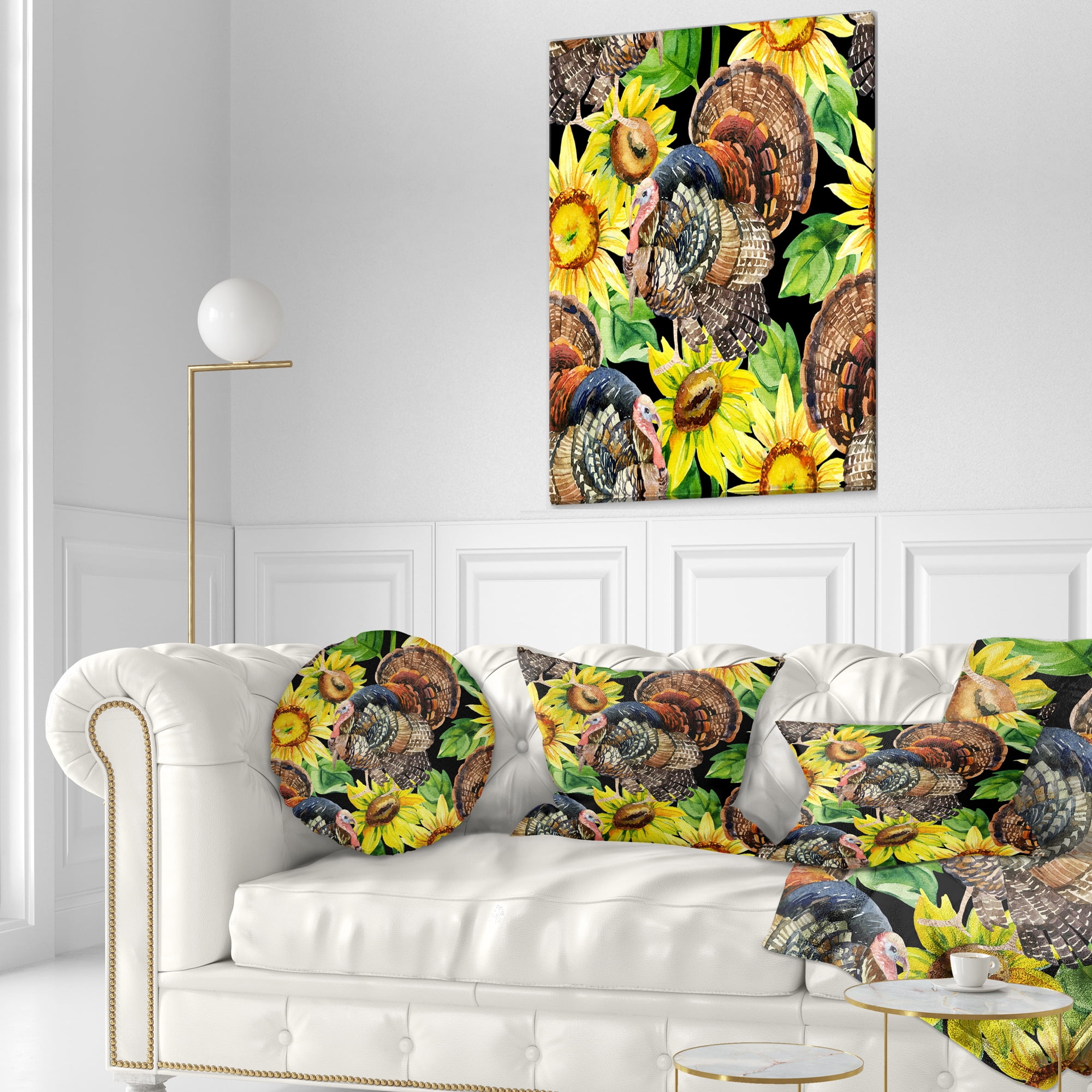 Designart Turkey Bird with Sunflowers - Floral Throw Pillow - 12x20