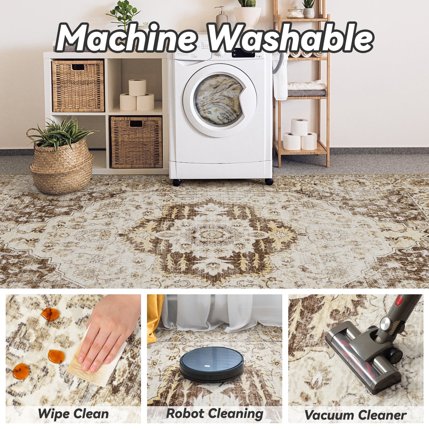 SIXHOME 9'x12' Area Rugs for Living Room Washable Traditional Brown Distressed Carpet Non Slip Ultra Soft Retro Floral Throw Indoor Rug for Bedroom Dinning Room Office Home
