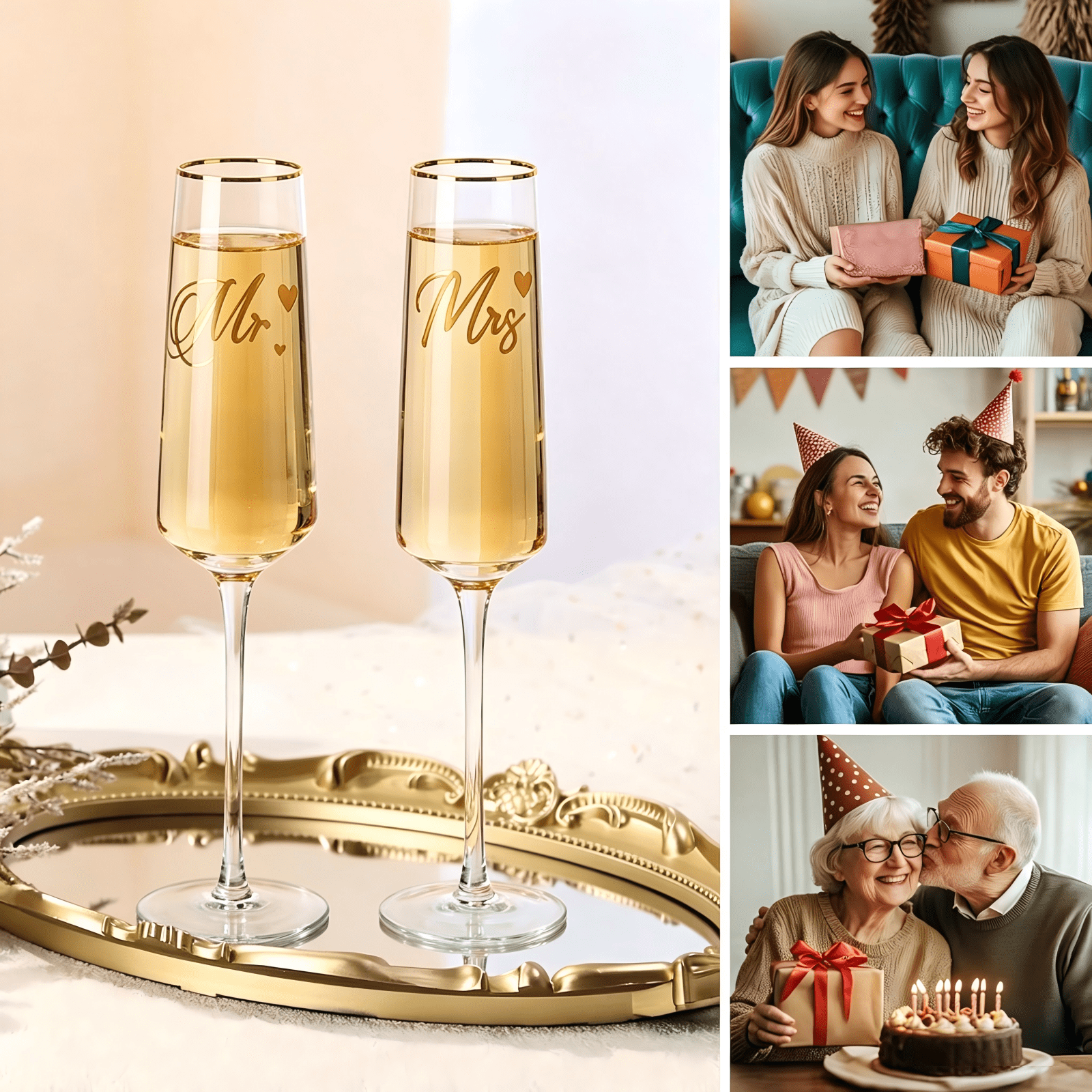 2Pcs Mr & Mrs Champagne Flutes, Golden-Embossed Wedding Toast Glasses, Tulip Stemmed Couple Cups for Wedding Anniversary Bridal Shower and Registry Idea, Perfect Gift for Newlyweds Bride Groom