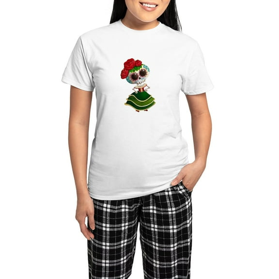 CafePress - El Dia De Los Muertos Skeleton Girl Pijamas - Women's Short Sleeve Print T-Shirt and Pants Light Cotton Pajama Set