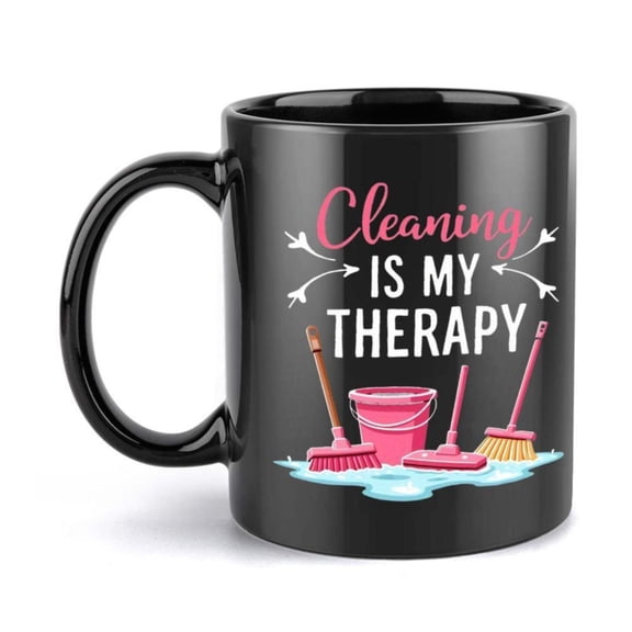 1pc Funny Cleaning Relax Mug Cleaning is My Relax Coffee Cup with Bucket Broom Design Black with Pink Lettering Cleaners Housewives Birthday Holidays Durable Ceramic Cup Hot Drinks