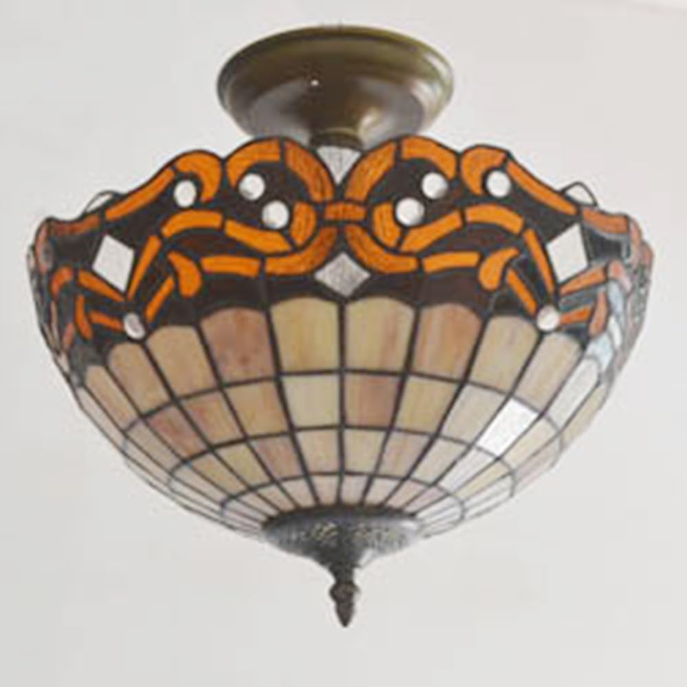 Kiven 13.8in Flush Mount Ceiling Light Fixture Dimmable, 3-Light Anti Glare Close to Ceiling Light with 15FT Plug-in Cord, Tiffany-Style Glass Chandelier for Bedroom Kitchen Hallway(No.3200)
