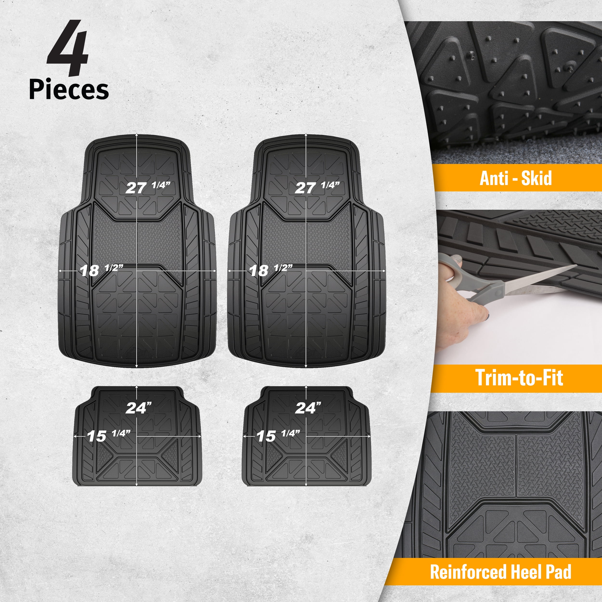 Armor All 4 Piece All Weather Rubber Floor Mats Trim to Fit, Black 79960WDC