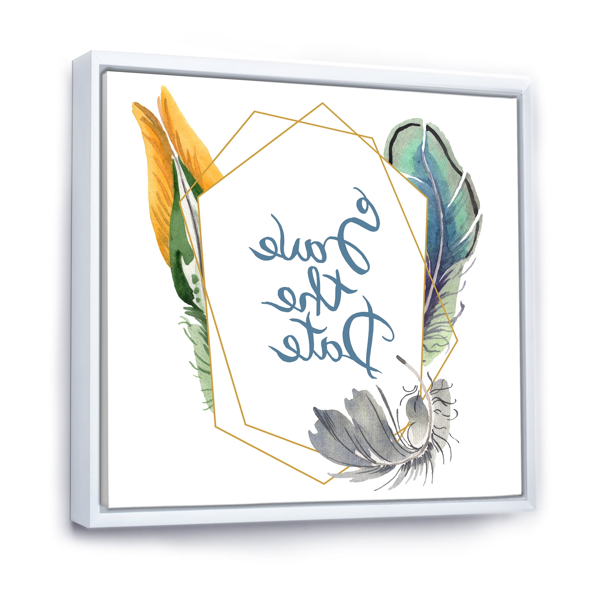 Designart 'Save The Date Bird Blue Feather' Bohemian & Eclectic Framed Canvas Wall Art Print