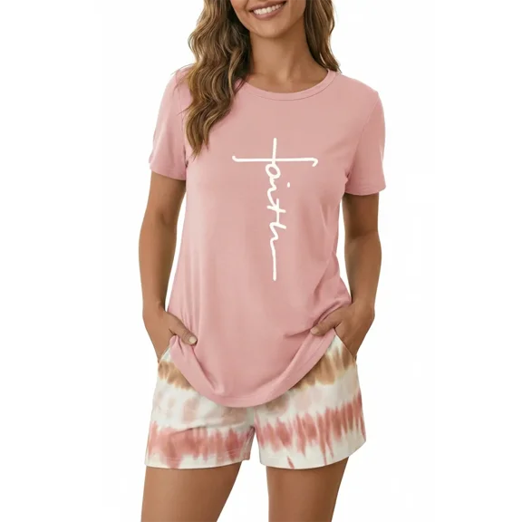 CHICME Pajamas for Womens Letter Print Round Neck Short Sleeve Tops and Tie Dye Print Elastic Waist Loose Fit Shorts Casual Loungewear Pink-XL