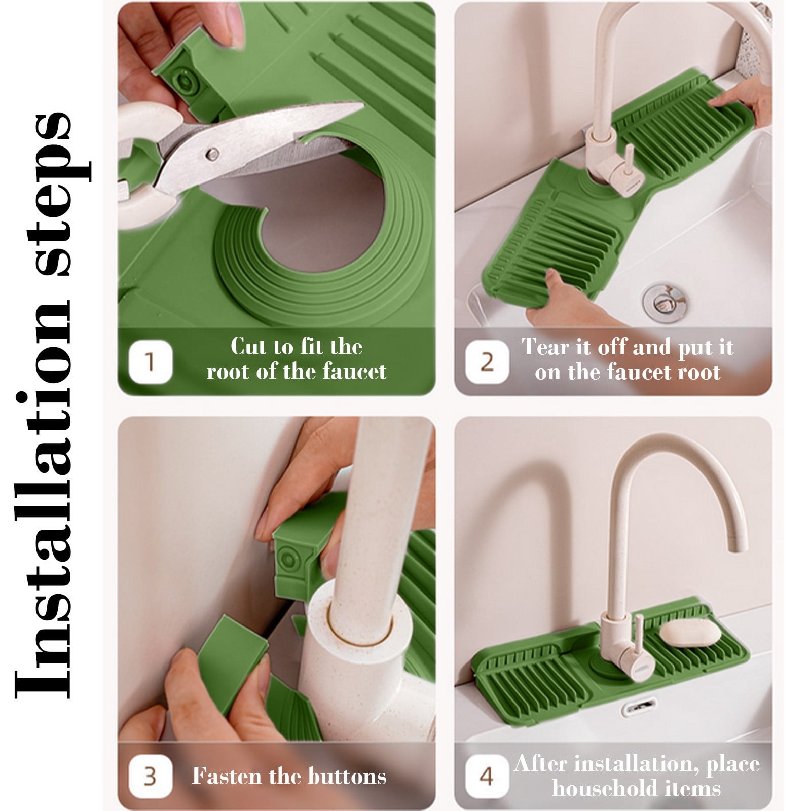 Lunxisen 3 pcs Button Style Silicone Faucet Mat for Kitchen Sink Slope & Fasten Button Design, Quick-Dry Splash Guard Water Catcher Behind Faucet, RV/Bathroom Safe