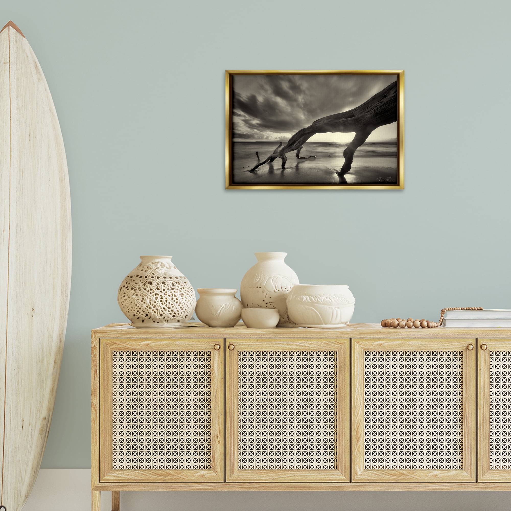 Stupell Industries Tree Trunk on Shore Landscape Photography Gold Floater Framed Canvas Art Print Wall Art, 25 x 17