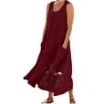 thumbnail image 3 of Robes en Lin Grande Taille pour Femmes Sans Manches à Col Rond à Imprimé Floral Boho Hawaïennes Robe d'Été Décontractée Légère Fluide Midi avec Poches Robe Rouge, Taille P-5TG, 3 of 6
