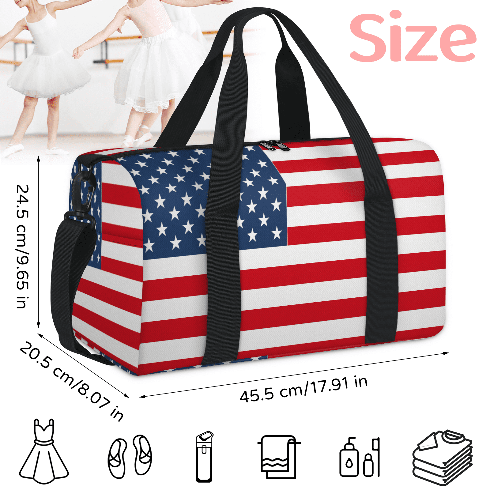 Herdesigns American Flag Travel Duffle Bag Sports Yoga Weekender Overnight Carry on Workout Bags Lightweight Waterproof Gym Tote Bag for Women