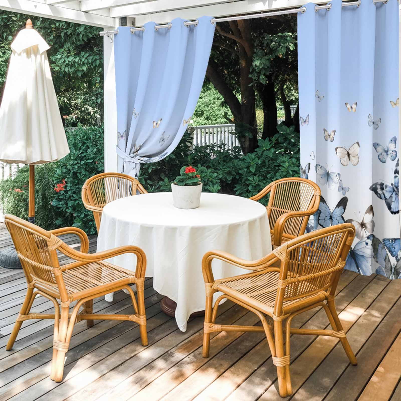 Outdoor Curtains for Patio Waterproof, Blue Butterflies Outdoor Privacy Panels Grommet, Elegant Pastoral Watercolor Blackout Outside Curtains for Porch/Cabana/Pergola/Gazebo 54"x84", 2 Panels