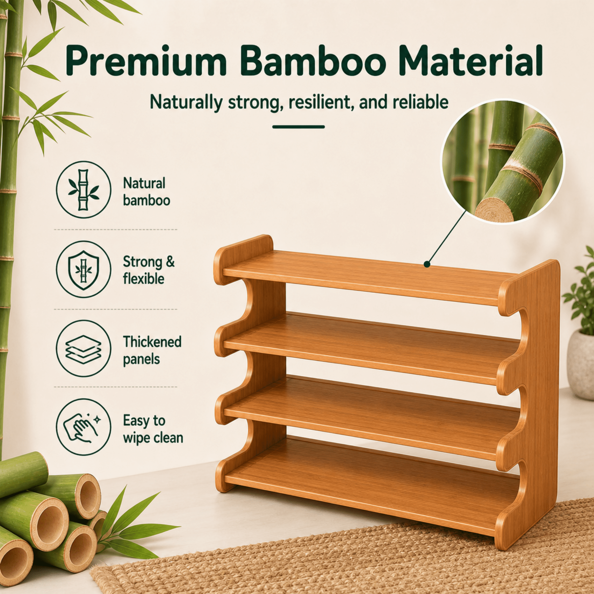 MEHOOM 4 Tier Bamboo Shoe Rack Organizer, Sturdy Shoe Storage Shelf for Closet, Entryway, Dorm & Garage, 28"x11"x20" (Natural)