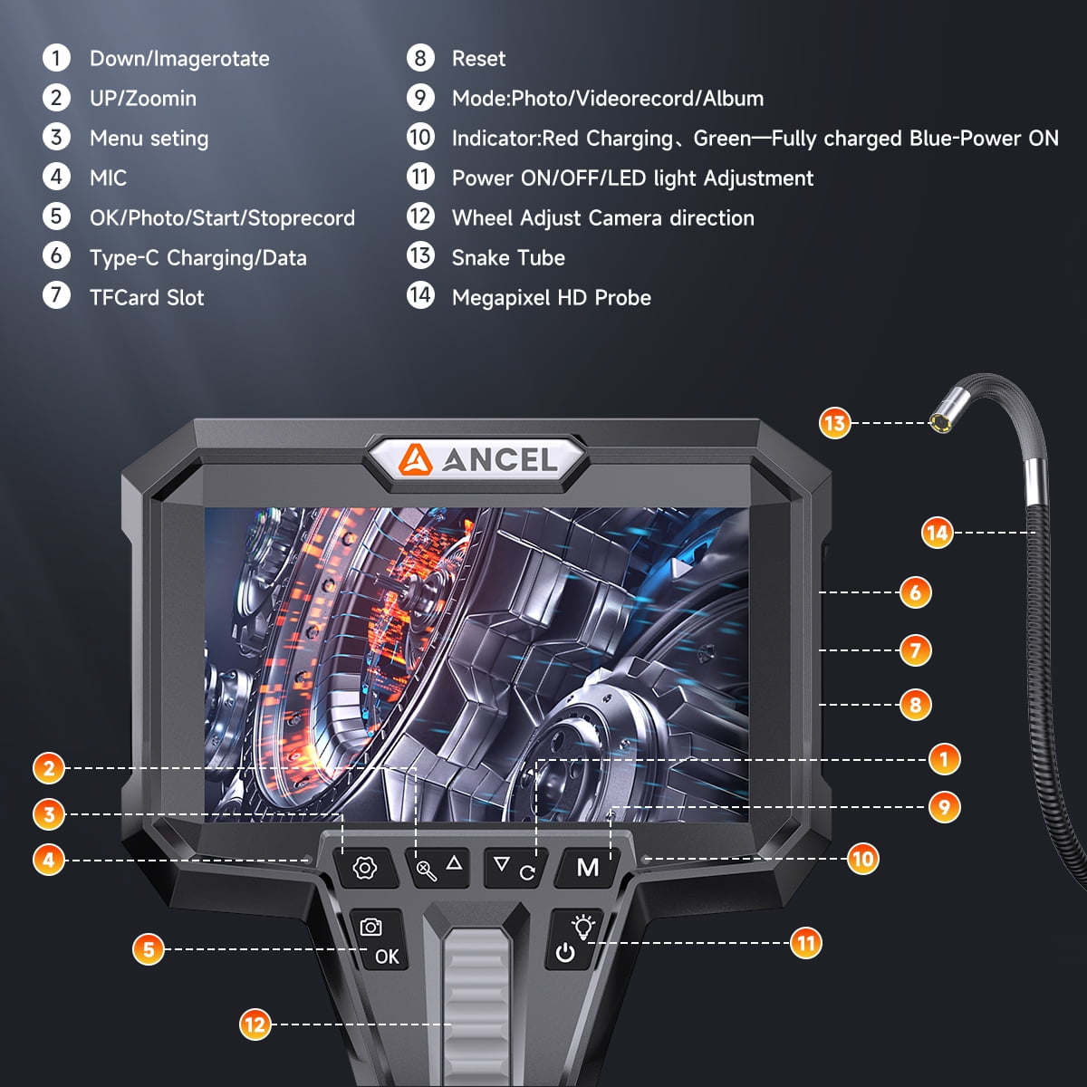 ANCEL AN301 6.2mm Articulating Endoscope Camera 2-Way 210° Industrial Borescope Inspection Tool, IP67 Waterproof, 5.25FT Cable