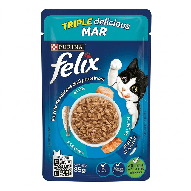 Alimento para Gato Purina Felix ¡Trocitos Jugosos! Atún, Salmón y Sardina 85 g