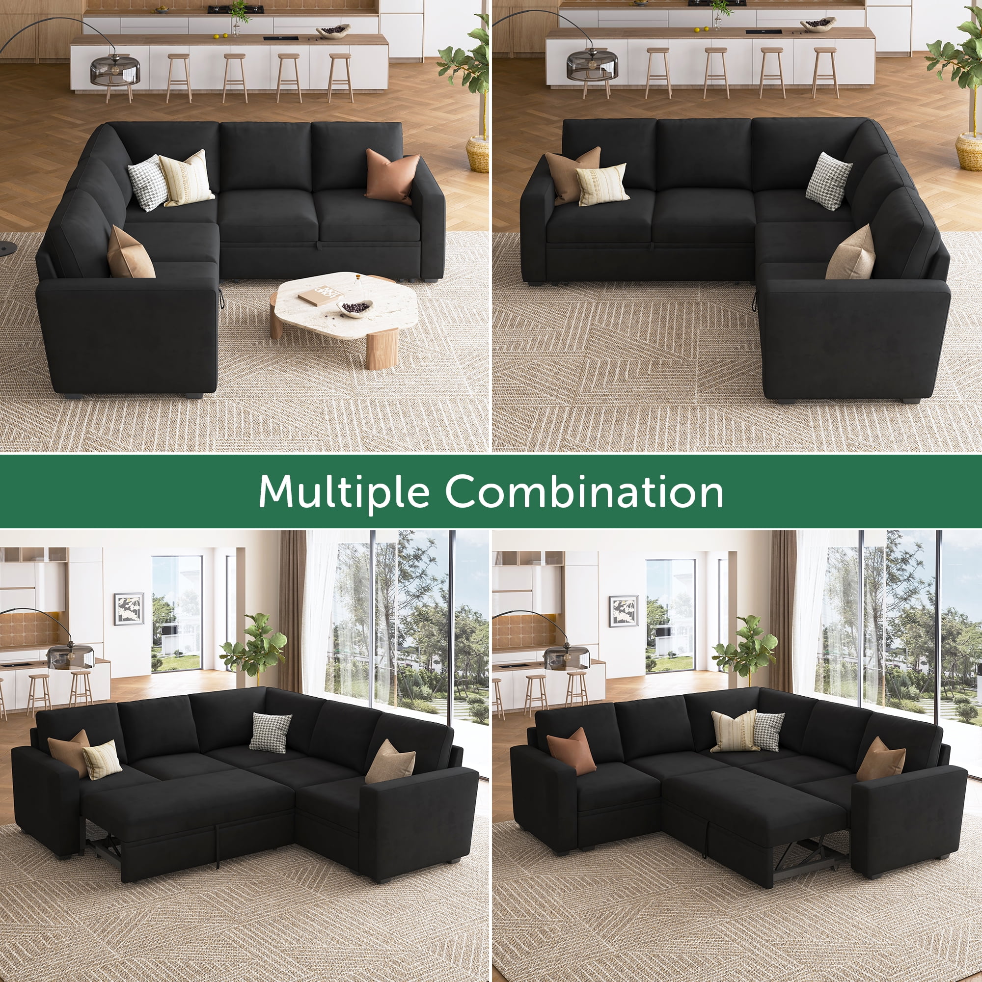 Marrber Convertible Linen Upholstered Sectional Sofa Sleeper Pull-Out Sofa Bed with Storage for Living Room Furniture Sets, Velvet Black
