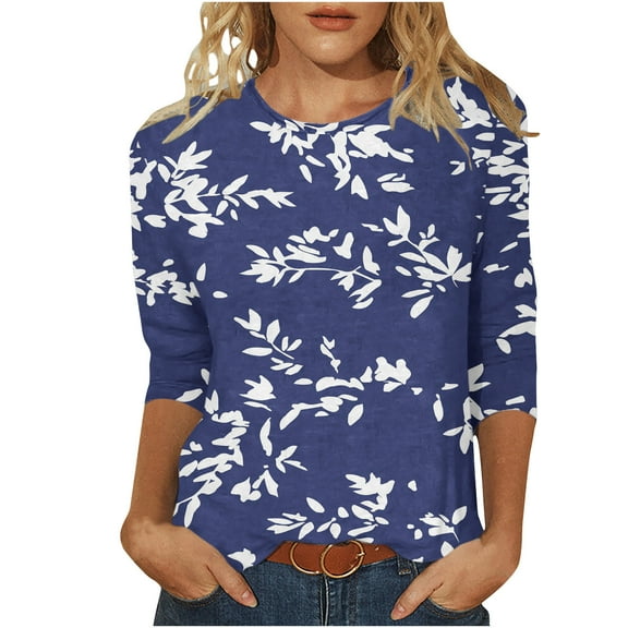 Plus Size Womens 3/4 Length Sleeve Round Neck TShirts Tunic Printed Vintage Fashion Casual Loose Tops