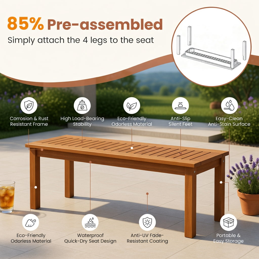 Hommoo Wood Outdoor Patio Bench for 2 People, Backless Slatted Garden Bench with Reinforced Frame, Easy 5-Minute Assembly, Perfect for Porch, Deck & Backyard, Natural