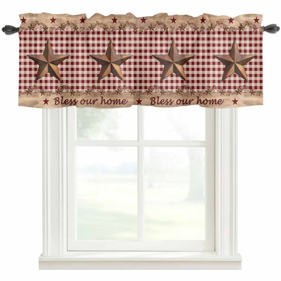 Western Texas Star Vintage Rod Pocket Curtain Valance, Rustic Wreath Wood Red Plaid Farmhouse Window Valance for Living Room, Bedroom, Kitchen 42"W x 12"L