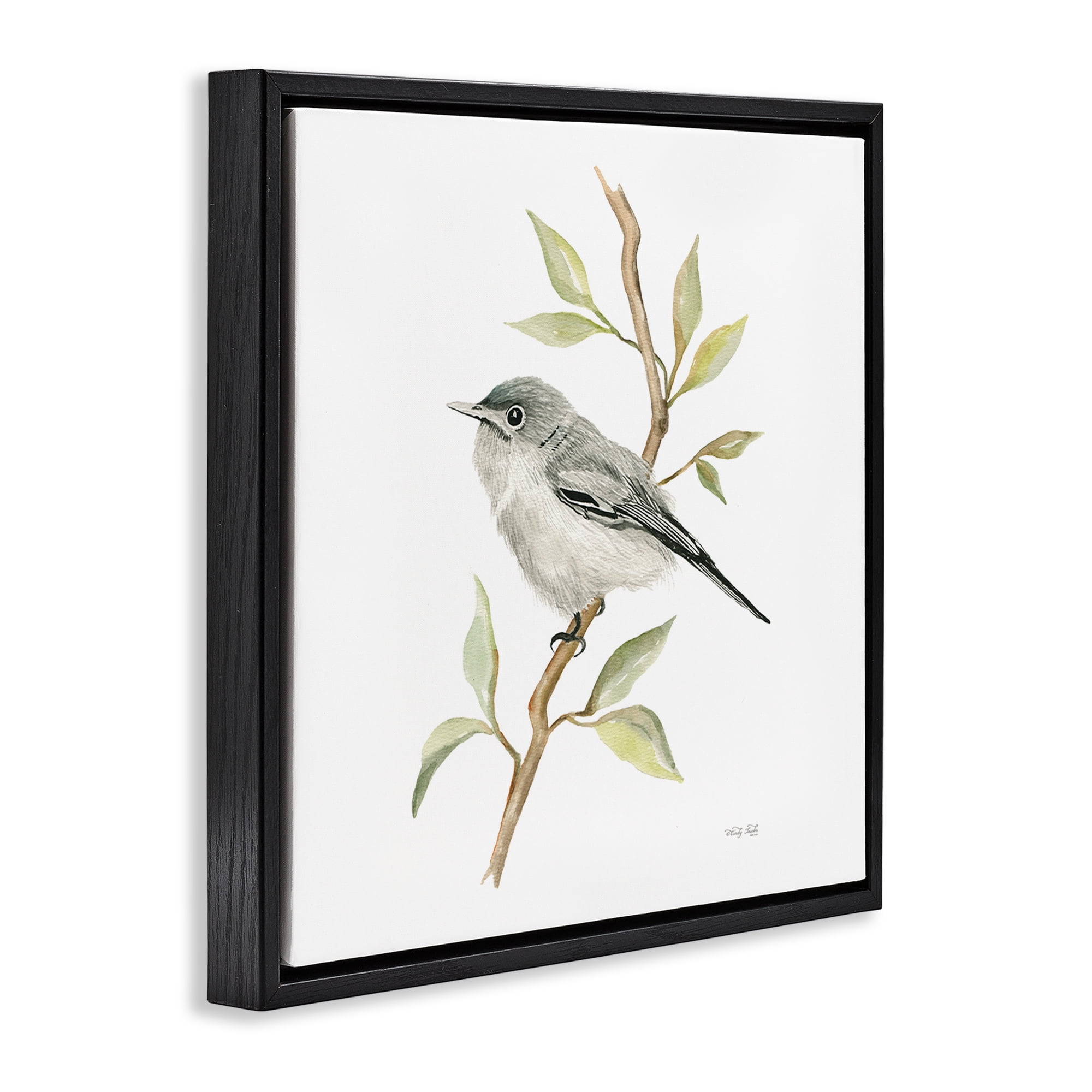 Stupell Industries Bird on Simple Branch Animals & Insects Painting Black Floater Framed Canvas Art Print Wall Art, 25 x 25