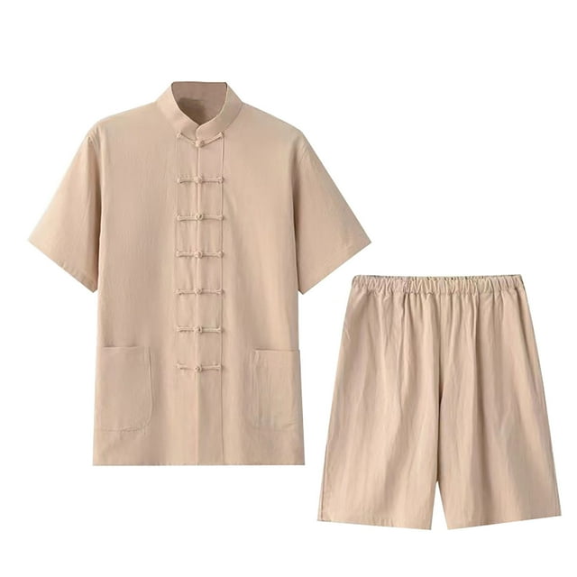 WILLBEST Conjunto de Lino para Hombre, 2 Piezas, Camisa, Pantalones Cortos de Manga Corta, Informal