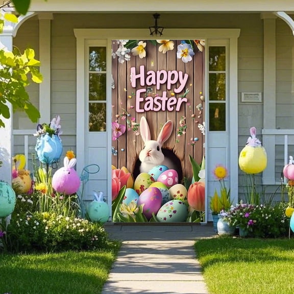 Lunxisen 2 Pcs Happy Easter Door Cover Decoration Easter Eggs Bunny Door Banner Backdrop Photography Welcome Spring Outdoor Indoor Home Decors Supplies Party Decorations
