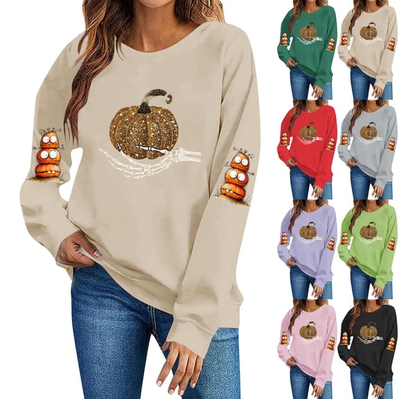 Aboser Halloween Crew Neck Sweatshirt Women Loose Fit Long Sleeve Going Out Tops Spooky Graphic Pullover Shirts for Halloween Trick‑or‑Treat & Party Occasions