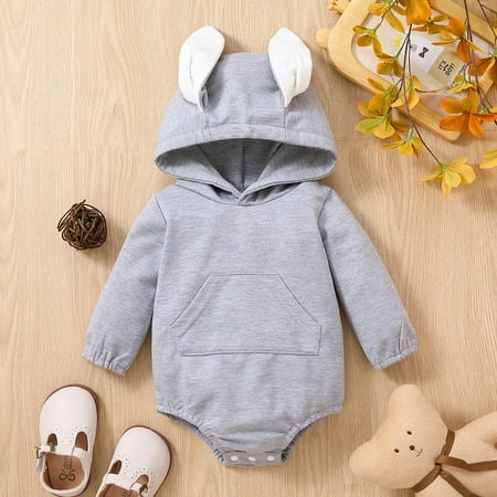 

Infant Newborn Baby Boys Girls Patchwork Long Sleeve Solid Bear Ear Hooded Sweatshirt Romper Bodysuit Clothes Outfits