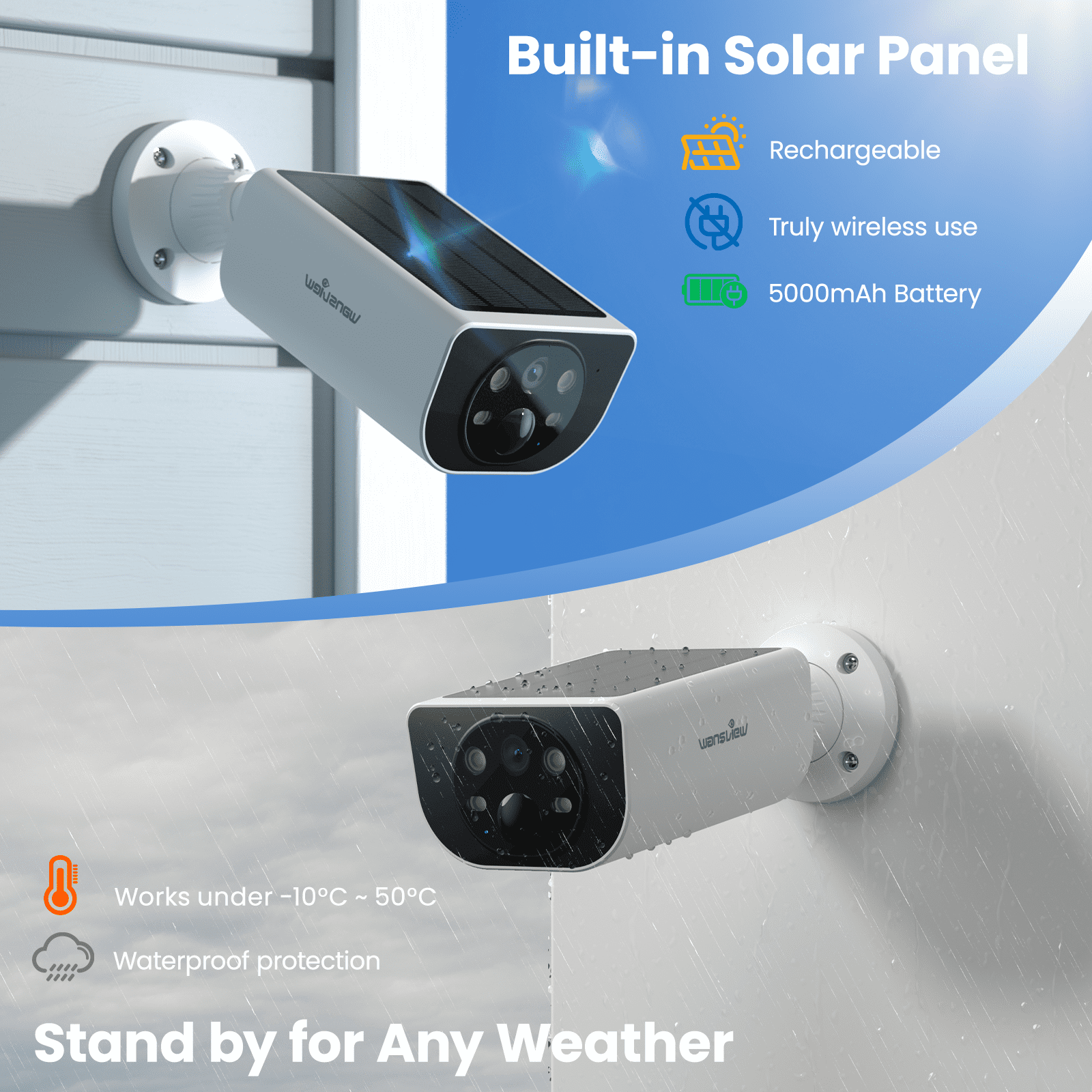 WANSVIEW 2K Security Camera Outdoor, IP65 Solar Camera Outdoor Wireless, Wireless Cameras for Home Security with Color Night Vision, Two-Way Audio, PIR Alert, 2.4G WiFi Only