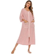VOIANLIMO Women Robes Zipper Front Long Sleeve Full Length Housecoat with Pockets Loungewear S-XXL