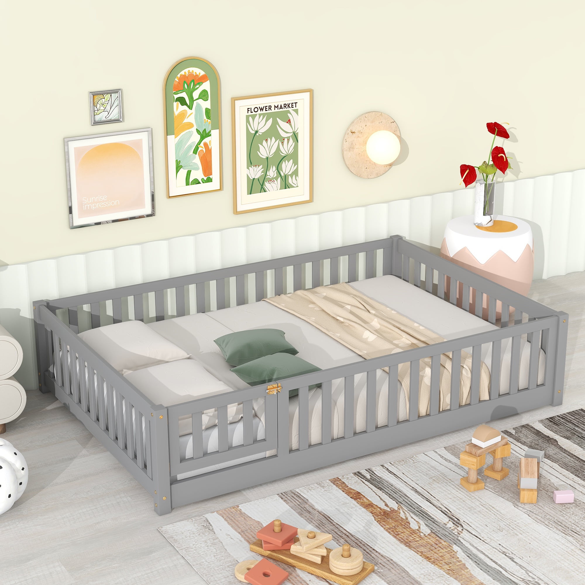 PAPROOS Full Montessor Floor Bed, Solid Wood Toddler Bed with Safety Guardrail and Door, Easy Assembly, Low-to-Floor Bed Frame with Slats for Kids, Gray